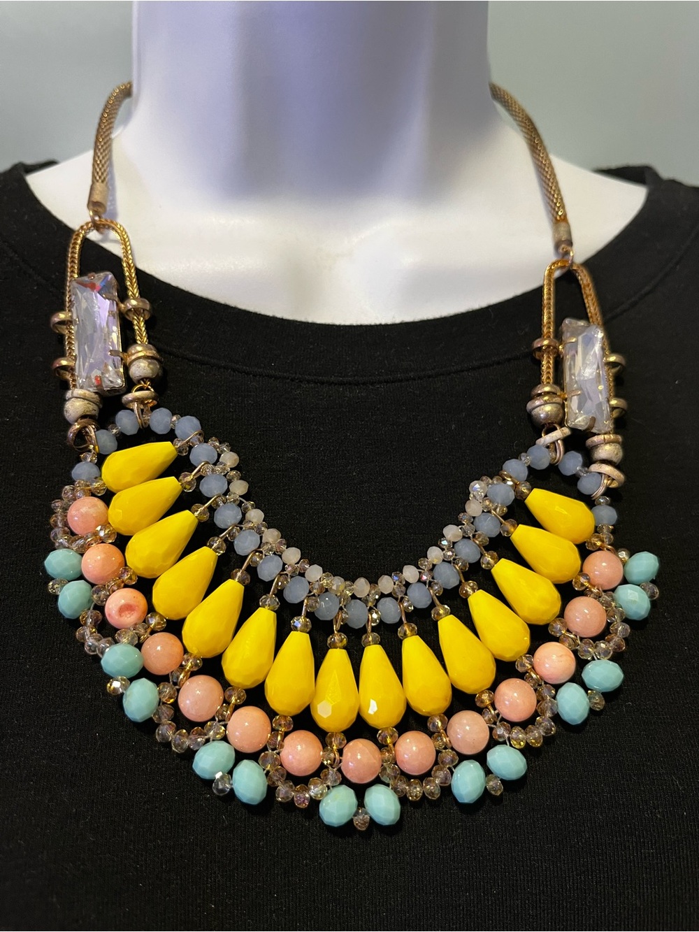 Vintage Statement Yellow Multi-Bead Bib Necklace - Women Jewelry
